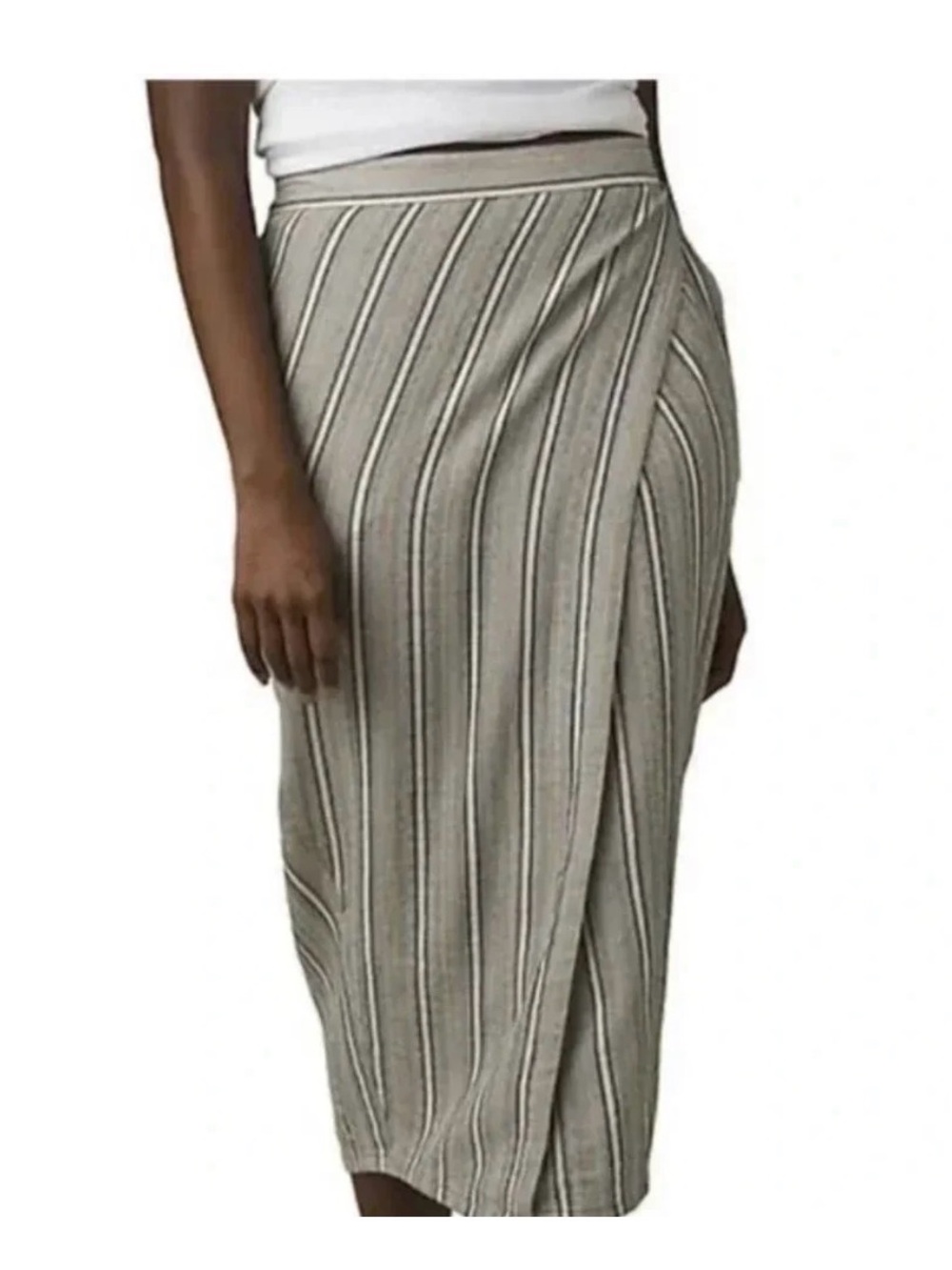 Prana Taupe Striped Wrap-Front Midi Skirt